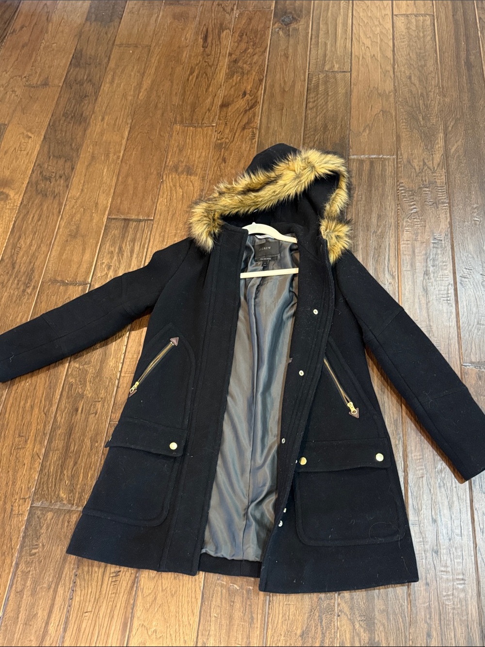 J. Crew Black Hooded Trench Coat with Faux-Fur Trim